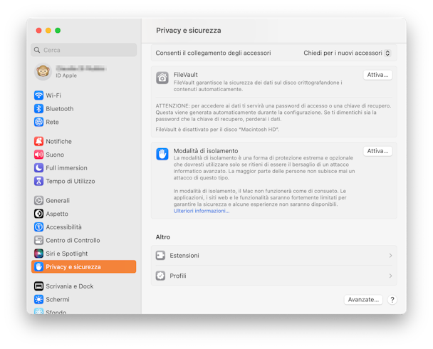 Preferenze di Sistema Privacy e sicurezza
