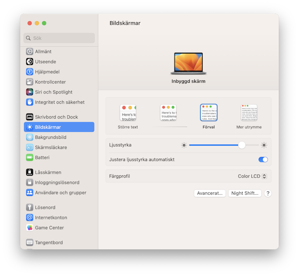 systemet Inställningar Displayer