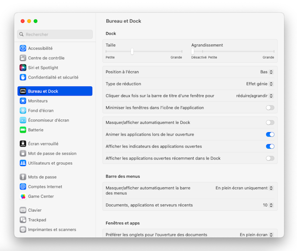 Reglages du systeme Bureau et dock
