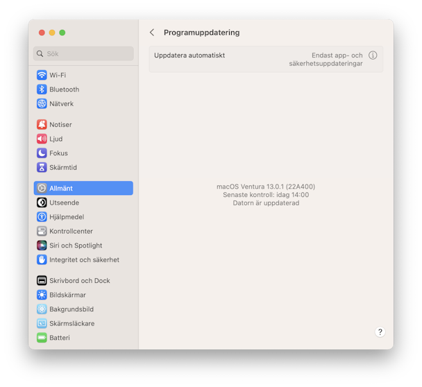 systemet Inställningar Programuppdatering