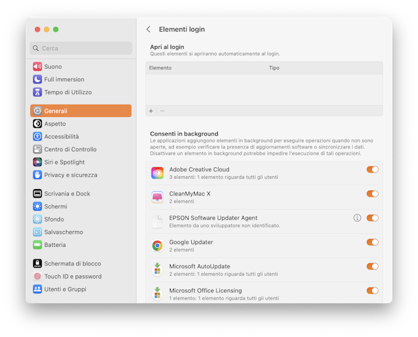 Preferenze di Sistema Elementi di Login
