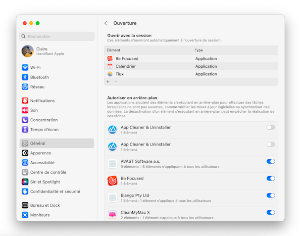 Reglages du systeme Ouverture