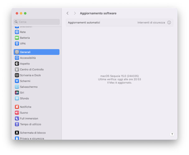 Preferenze di Sistema Aggiornamento Software