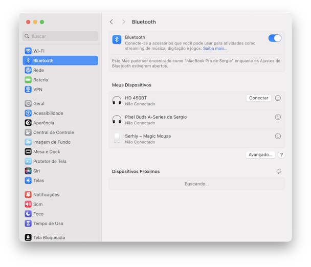 sistema Preferências Bluetooth
