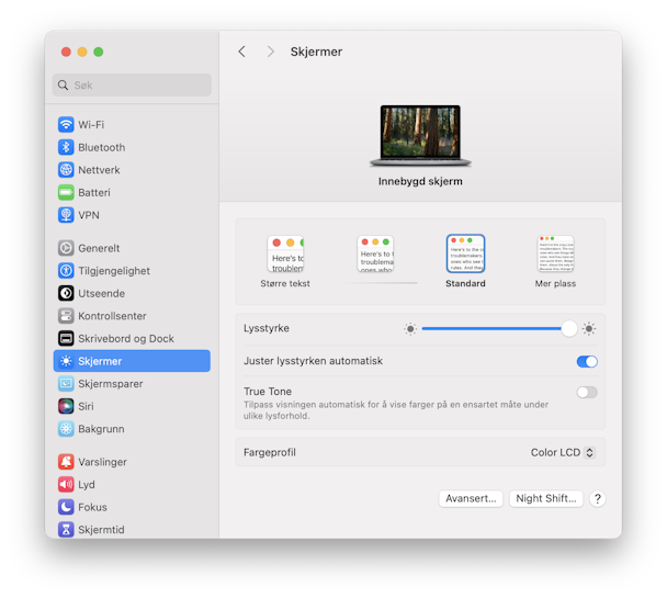 Displays settings
